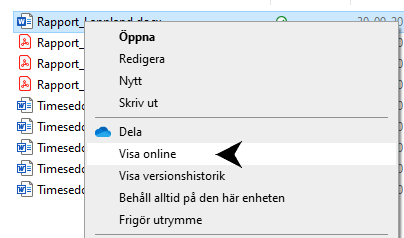 En bild med den ovan nämnda menyn visas med en pil på texten Visa online.